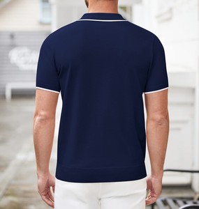 Polo de Manga Corta Tejido Azul Marino para Hombre con Cierre, Diseño Sólido Informal - Product Image 3