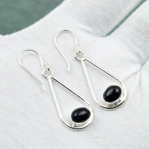 Minimalist Black Onyx <b>Earrings</b> <b>Silver</b> Plated Brass Long Drop <b>Dangle</b> <b>Earrings</b> Elegant Boho Jewelry for Women Gift - Product Image 2