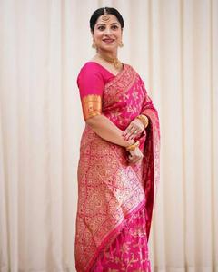 Sari Banarasi rose à motifs floraux, mélange de soie, tenue de mariage, vêtements indiens et pakistanais pour la mariée, tenue de fête 52853 - Product Image 3