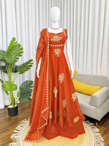 ชุดเดรส Anarkali Kurti สีส้มปักลาย พร้อมผ้าคลุมไหล่ ผ้าโมดอล สำหรับผู้หญิง ชุด Salwar Kameez สำหรับงานแต่งงานและงานปาร์ตี้ - Product Image 5
