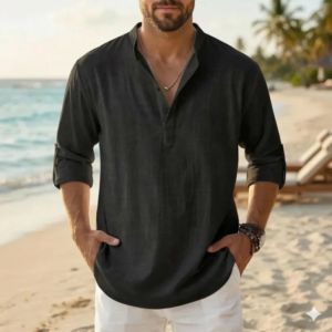Camisa Henley de Lino de Alta Calidad para Hombre, Estilo Casual de Playa para Verano, Manga Larga - Product Image 6