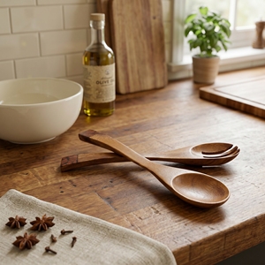 Utensilios de Cocina de Madera Suar de Grado Alimenticio con Incrustaciones de Canela Triturada, Color Marrón Claro, Hermosos Utensilios para Servir y Cocinar, Cucharas Nuevas - Product Image 4