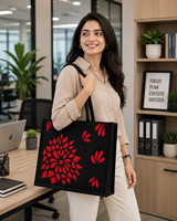 Tas Tote Jute Ramah Lingkungan dengan Cetakan Blok Motif Bunga, Tas Belanja Reusable Dua Warna, Desainer, Bukaan Terbuka