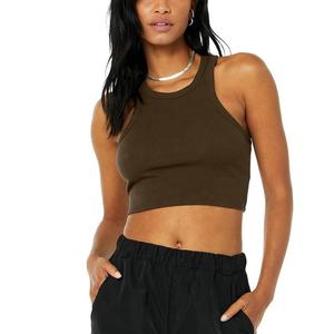 Débardeur court vert olive pour femme, sans manches, col rond, couleur unie, respirant, en coton et élasthanne, coupe classique, toutes saisons, tenue décontractée - Product Image 1