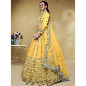 Lehenga Choli semi-cousu en tissu jaune éblouissant, élégant, en filet, pour les occasions spéciales, décorations de fête, vêtements Zeel - Product Image 5