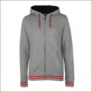 Sweat-shirt à capuche zippé gris pour homme, coupe classique, en coton French Terry, décontracté, pour l'automne, avec détails de bordure rouge - Product Image 1