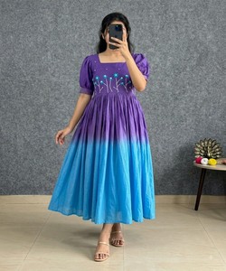 Purple <b>Blue</b> <b>Ombre</b> Cotton Vintage Quick Dry Midi <b>Dress</b> Floral Embroidery Ethnic Style Women Casual Wear India Pakistan Design - Product Image 1