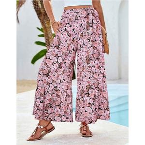 Pantalones anchos con estampado floral para mujer, pantalones de verano con cintura elástica de gasa, holgados hasta el tobillo, estilo bohemio informal - Product Image 1