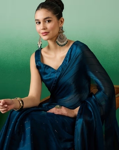 KV Indian Women Teal Stripes Saree - Product Image 1