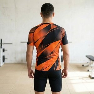 Men's Orange Black Solid Jersey Compression Shirt Short Sleeve Quick Dry Sporty Workout Top Slim Fit O-Neck - Product Image 2