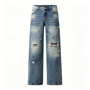 Jeans de Mezclilla de Pierna Ancha para Hombre, Cintura Alta, Lavado a la Piedra, Algodón, Corte Holgado Informal, Estilo Primavera - Product Image 3