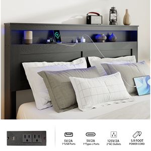 Letto matrimoniale in legno con piattaforma, testiera illuminata a LED e contenitore, 2 USB, silenzioso, non richiede rete a molle - Product Image 3