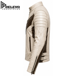 High Quality <b>Men</b> Off-White Real <b>Leather</b> Biker <b>Jacket</b>, Tactical Two-Tone Off-White & Brown Moto <b>Jacket</b> with Dual Side Buckles - Product Image 3