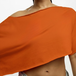 Women Jersey Casual <b>One</b> Shoulder <b>Top</b> Short Sleeve Loose Asymmetrical Batwing Sleeve Minimalist Solid Color Breathable - Product Image 3