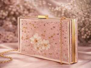 <b>Pink</b> Floral Resin Clutch | Handmade Dried Flower <b>Purse</b> with Gold Chain - Product Image 5