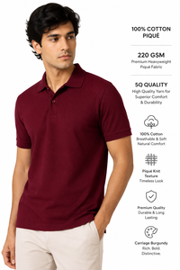 เสื้อยืดลำลองเบอร์กันดีระดับพรีเมียมสำหรับผู้ชาย |   ผ้าฝ้ายถัก 100% |   220 GSM หนักพิเศษ |   เสื้อแขนสั้นแบบมีซิปด้านหน้าป้องกันริ้วรอย ซักทำความสะอาดได้ - Product Image 2