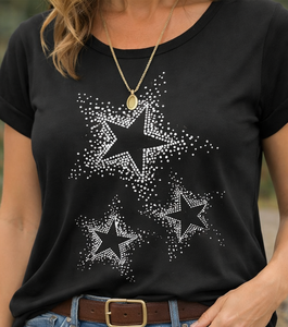 Camiseta de mujer con estampado de estrellas de diamantes de imitación, manga corta, cuello redondo, negra, informal, para verano, estilo urbano - Product Image 1