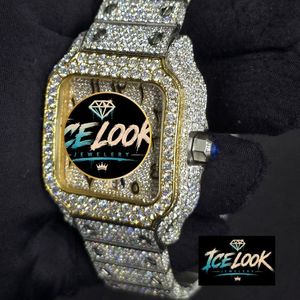 Reloj mecánico Ice Look con esfera cuadrada, incrustaciones de cristal, tono dorado, tono plateado, reloj falso para ropa de calle - Product Image 3