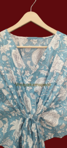 Impresionante Kaftán Midi de Cintura Alta con Estampado Floral Sanganeri en Azul Turquesa, 100% Algodón Ecológico, Corte Asimétrico Regular, Estilo Kimono - Product Image 4