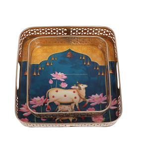 Juego de bandejas Pichwai multicolores, cubierta de diseño de becerro de vaca de Metal en forma cuadrada, condimentos para té, frutas, aperitivos, propósito decorativo - Product Image 6
