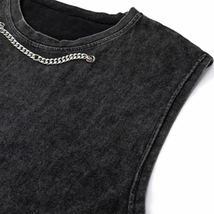 Men's <b>Black</b> Washed Sleeveless Tank Top With Chain Decoration Street Style O-Neck <b>Knitted</b> Cotton <b>Vest</b> Cotton Workout Fitness - Product Image 3