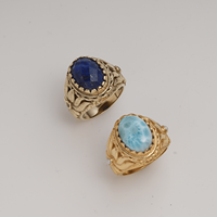 Bague Statement Ovale Vintage Faite à la Main en Turquoise Naturelle Sertie Clos, Plaqué Or 18K sur Laiton, Style Chrétien, avec Expertise Tierce