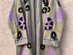 Velvet Suzani Hand Embroidery Animal Print Autumn Winter Breathable Long Jacket Open <b>Stitch</b> Closure Cotton Filled Ethnic Indian - Product Image 2