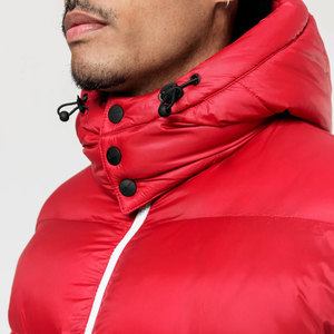 Men's Red Woolen Puffer Jacket Windproof Casual Winter Coat Regular Fit Thick Warm Cotton Filled <b>Covered</b> <b>Button</b> Patchwork Stand - Product Image 4