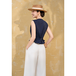 <b>Women's</b> Morden <b>Navy</b> Striped Tailored V Neck Peplum Back Design Vest Office Casual <b>Waistcoat</b> Polyester Spandex Custom Design HIRA - Product Image 3