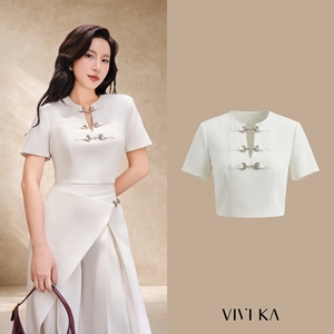 เสื้อครอปแขนสั้นผู้หญิง EVAREL VIVI KA ผ้ายืด/โพลีเอสเตอร์ สไตล์ลำลอง ซิป ผ้าทอเนื้อนุ่ม ป้องกันไฟฟ้าสถิตย์ ชุดสูทประดับหมุด - Product Image 1