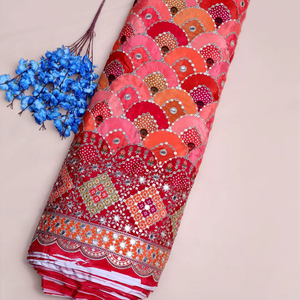 Bright Pink Geometric Mirror Work Placement Print Natural Crepe Fabric With Heavy Border For Designer Kurti And Ethnic Wear - Product Image 1