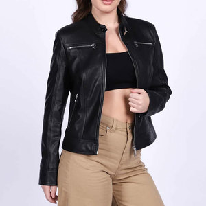 Women's High Quality Mid Length Leather Jacket Bomber for Autumn Winter Plain Dyed with Solid Pattern - Product Image 1