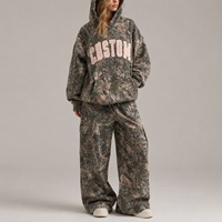 Ensemble survêtement femme personnalisé imprimé camouflage, sweat à capuche et pantalon amples, respirant, tricoté, manches longues, longueur longue, pour l'automne