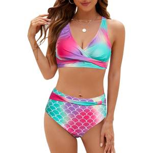Women Gradient Color <b>Bikini</b> <b>Set</b> Crossed Halter Top High Waist Bottom Swimwear Twist Design Spandex Polyester Beachwear - Product Image 1