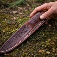 Couteau de camping Viking fait main, lame en acier à haute teneur en carbone OEM, couteau médiéval nordique EDC, cadeau, manche en bois, fourreau en cuir gravé