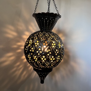 Black Iron Round Pendant Light Soft Warm <b>White</b> <b>Hanging</b> Lamp with Geometric Cutout Design - Product Image 6