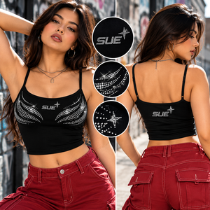 Top de tirantes finos de algodón suave con diseño de mano de esqueleto y pedrería, estilo urbano personalizado y moderno para mujer - Product Image 3