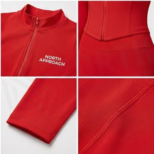 Modern Approach 2 Piece Yoga Set Full Length Zipper Front Solid Red High Waist Active Stretch Women's Sportswear - Product Image 4