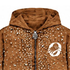Chestnut Brown Pearl <b>Full</b> <b>Zip</b> <b>Hoodie</b> Pearl Studded Fashion Streetwear Jacket Long Sleeve Hooded Sweatshirt With Front Pockets - Product Image 3