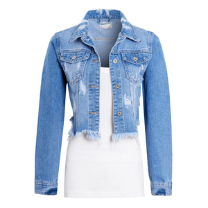 Veste en jean courte en coton pour femme, design européen, décontractée, unie, délavée à l'acide, avec contraste dentelle, respirante, séchage rapide, printemps automne, effet troué - Product Image 3