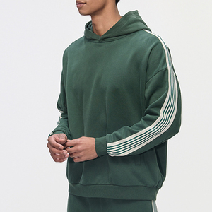 Sweat-shirt à capuche vert olive pour homme, manches rayées, vêtement décontracté d'automne, tricoté en molleton français, manches longues - Product Image 1