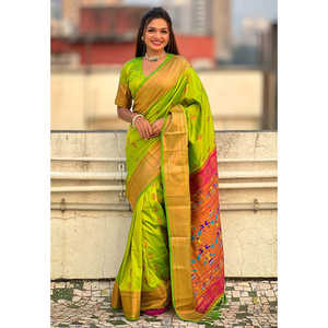 <b>Club</b> <b>Dresses</b> Parrot Green Yeola Paithani Silk Saree Woven with Zari Nath by Artisans Elite Weaves 0.65g - Product Image 4