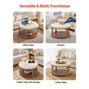 Tavolino da Caffè Ottomano Grande da 31,9 Pollici con Piano Sollevabile, Ripiano in Legno Massello Trapuntato e Poggiapiedi Imbottito in Lino - Product Image 4
