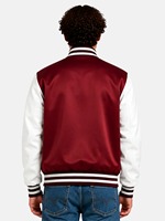 Veste universitaire en satin personnalisée, impression sérigraphique personnalisée, veste de baseball à contraste de couleurs pour un style streetwear quotidien