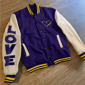Purple Color Patchwork Varsity <b>Jacket</b> Yellow Striped Trim Unisex Letterman <b>Jacket</b> Chenille Embroidery Streetwear Bomber Coat - Product Image 1