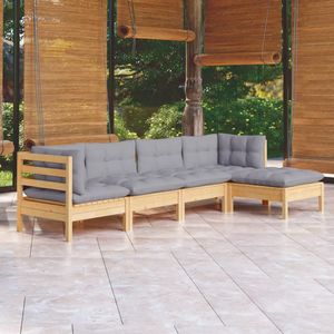 Set Lounge da Giardino in Legno di Pino a 5 Pezzi con Cuscini Grigi Modello D0100H5C3Z6 per Relax in Giardino - Product Image 1