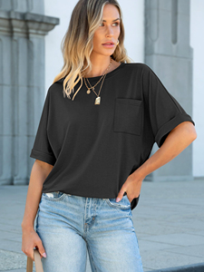 เสื้อยืดคอกลมแขนสั้นทรงโอเวอร์ไซส์สำหรับผู้หญิง แบบสั่งทำพิเศษ (OEM) ทรงหลวม มีกระเป๋า ผ้าเจอร์ซีย์ถัก 100% ผ้าฝ้าย ใส่ได้ทั้งฤดูใบไม้ผลิและฤดูร้อน - Product Image 5