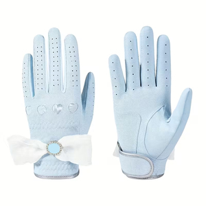<b>Light</b> Blue PU Leather Golf Gloves With White And Heart Embossing For Women Breathable Design - Product Image 2