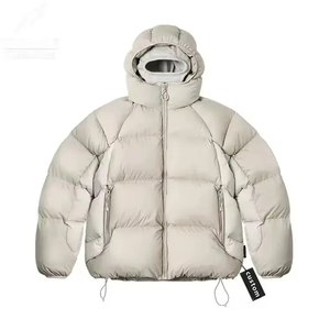 Chaqueta de plumón con capucha para hombre, azul con bloques de color, casual, gruesa, de invierno, con cierre de cremallera y dobladillo con cordón. - Product Image 3