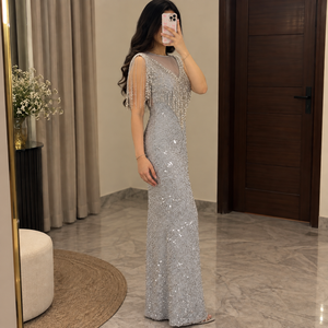 <b>Silver</b> <b>Sequin</b> Evening <b>Dress</b> Deep V Neck Sleeveless Maxi Gown Fringe Detail Formal Party Wear - Product Image 3